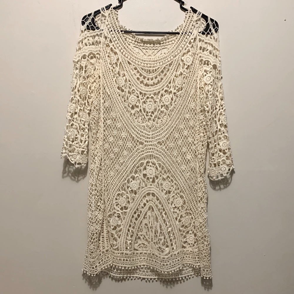 Boho Hippie Cowgirl Crocheted Dress with 3/4 length sleeves in light tan